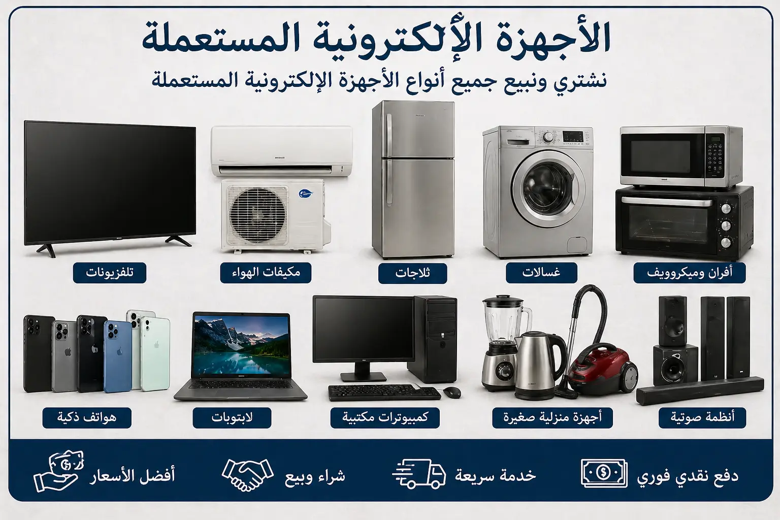نشتري جميع أنواع الأجهزة الإلكترونية المستعملة: تلفزيونات، مكيفات، ثلاجات، غسالات وغيرها